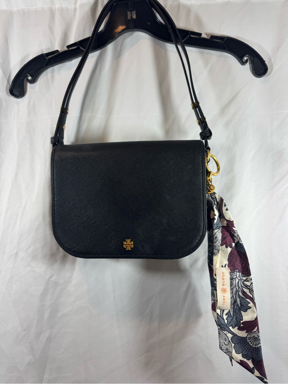 Tory Burch Black Saffiano Crossbody with Floral Scarf Accent